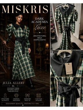 Julia Allert Green Plaid Maxi Dress XL Black Collar Puff Sleeve Belted NWT